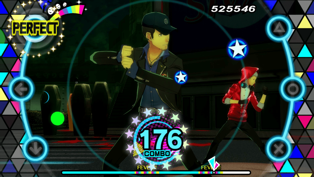 A screenshot of Junpei Iori and Akihiko Sanada in the PlayStation 4 version of Persona 3: Dancing in Moonlight