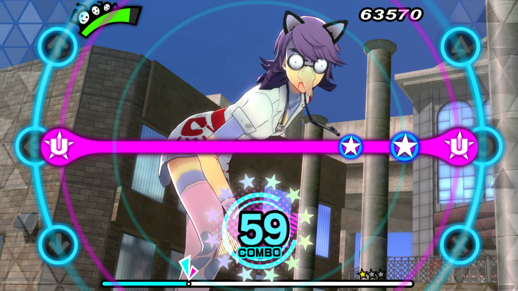A screenshot of a horribly customized Yukari Takeba in the PlayStation 4 version of Persona 3: Dancing in Moonlight