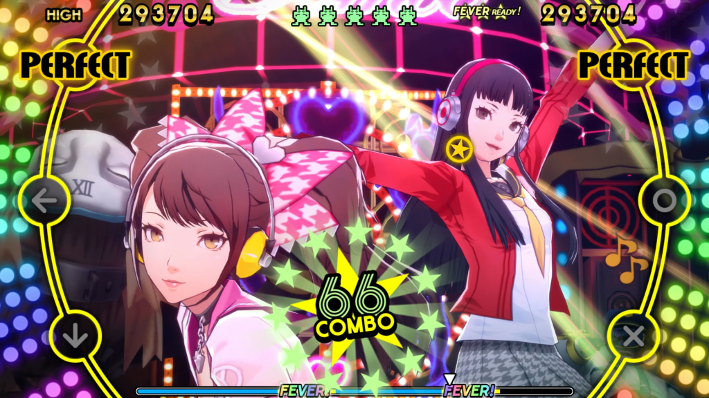 A screenshot of Yukiko Amagi and Rise Kujikawa in the PlayStation 4 version of Persona 4: Dancing All Night