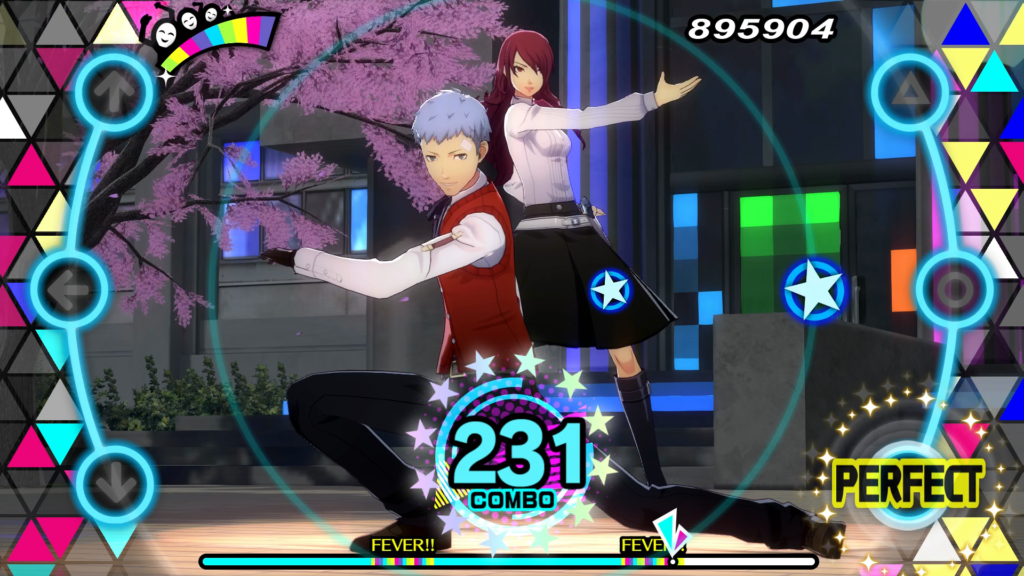 A screenshot of Akihiko Sanada and Mitsuru Kirijo in the PlayStation 4 version of Persona 3: Dancing in Moonlight