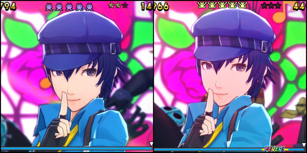 A screenshot of Naoto Shirogane comparing the graphical difference between the PlayStation Vita and PlayStation 4 versions of Persona 4: Dancing All Night