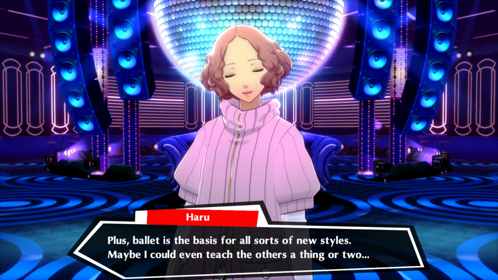 A screenshot of Haru Okumura in the PlayStation 4 version of Persona 5: Dancing in Starlight