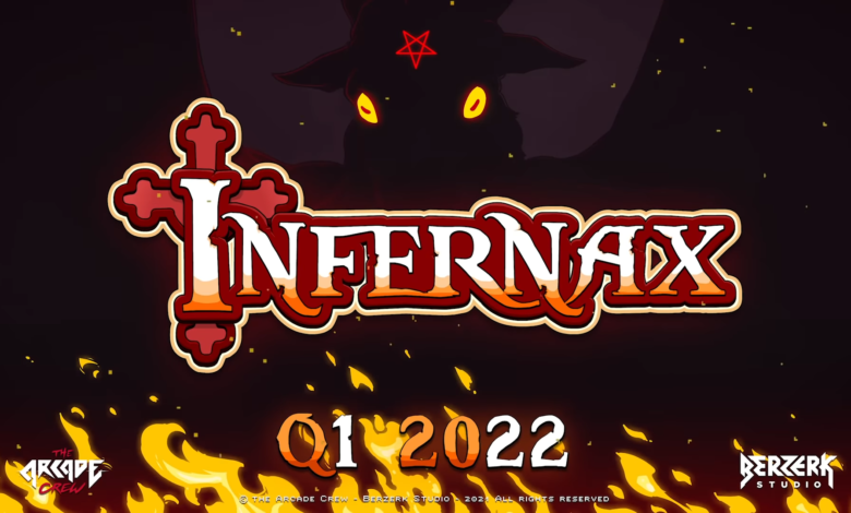 Infernax logo. Fire lingers behind the Q1 2022 release date at the bottom. At the top is a demon with a pentragram looming in the background.