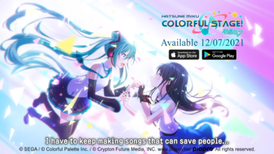 Hatsune Miku floats in the air while grabbing the hands of another girl, smiling at each other.