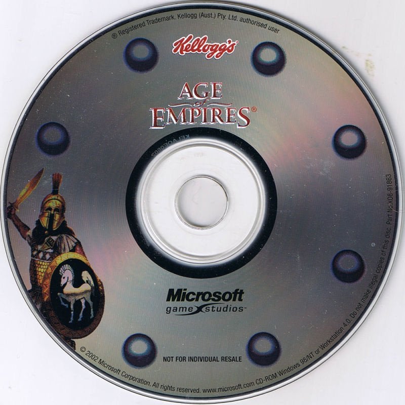 Age of Empires original CD, with "Kellogg's" written at the top and "Microsoft Game Studios" written at the bottom.