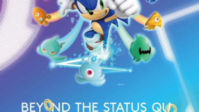 Sonic appears in a burst of color with the words "Beyond the Status" quo written below