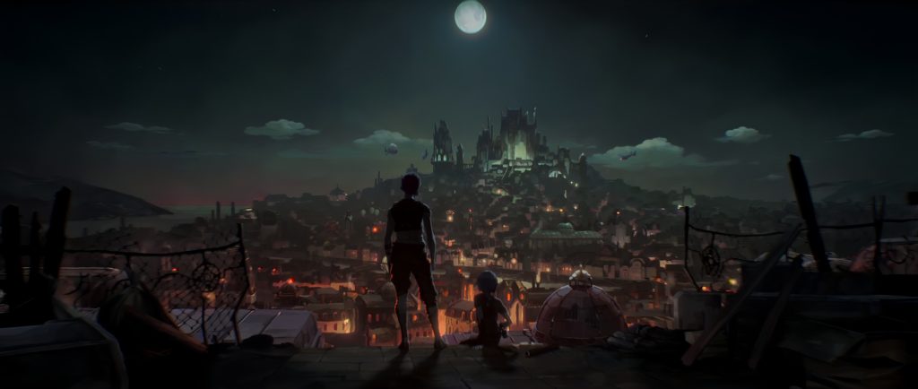 Vi and Powder looking out at the uppercity of Piltover in Arcane.