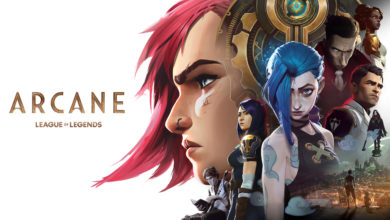 Arcane logo with characters of Vi, Jinx, Silco, Caitlyn, Viktor, Mel, and Jayce on the side.