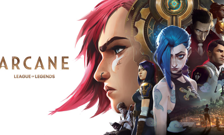 Arcane logo with characters of Vi, Jinx, Silco, Caitlyn, Viktor, Mel, and Jayce on the side.