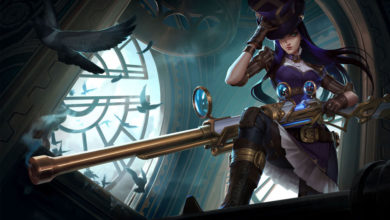 Caitlyn's new appearance, with a steampunk inspired jacket over a purple dress, fitted with trousers and boots. A rifle rests over her knee as she tips her tophat.