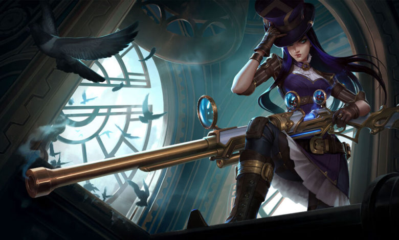 Caitlyn's new appearance, with a steampunk inspired jacket over a purple dress, fitted with trousers and boots. A rifle rests over her knee as she tips her tophat.
