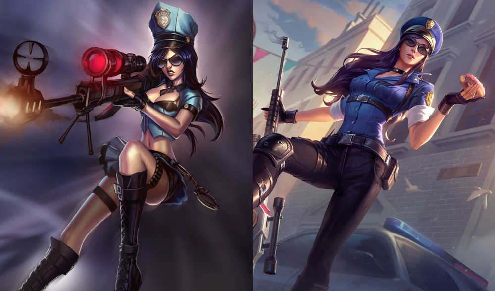 Old Officer Caitlyn on the left wearing a cropped police shirt and a miniskirt, with bullet shells strapped to her thigh. New Officer Caitlyn on the right in a much more practical uniform, with full-length trousers and a top with a harness.