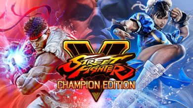 Street Fighter V Champion Edition logo in the middle, with Ryu on the left in red colors and Chun-Li on the right in blue colors.