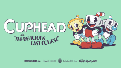 Cuphead - The Delicious Last Course logo with Cuphead, Mugman, and Ms. Chalice