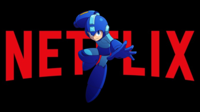 Mega Man hovering over the Netflix logo
