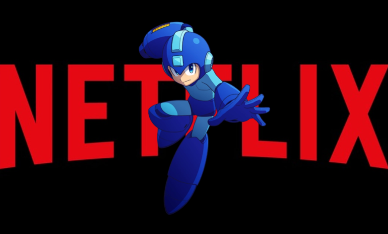 Mega Man hovering over the Netflix logo