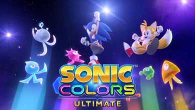Sonic Colors: Ultimate characters jumping up behind the logo