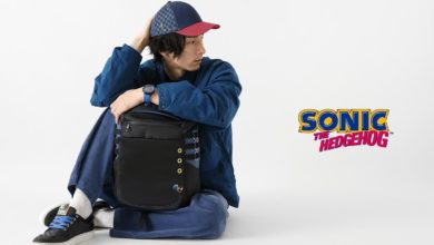SuperGroupies model sitting wearing all four items in the Sonic collection