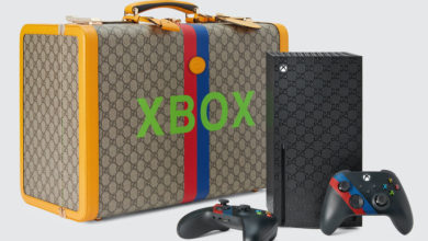 Xbox by Gucci limited edition bundle, with a carrying case, Xbox Series X, and two controllers