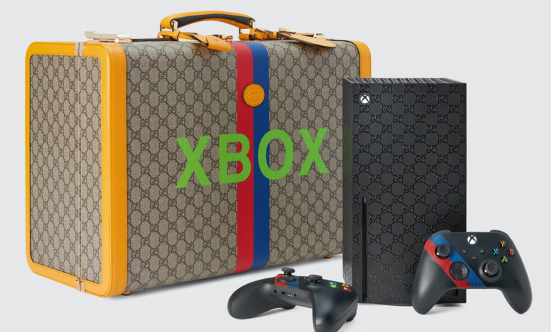 Xbox by Gucci limited edition bundle, with a carrying case, Xbox Series X, and two controllers