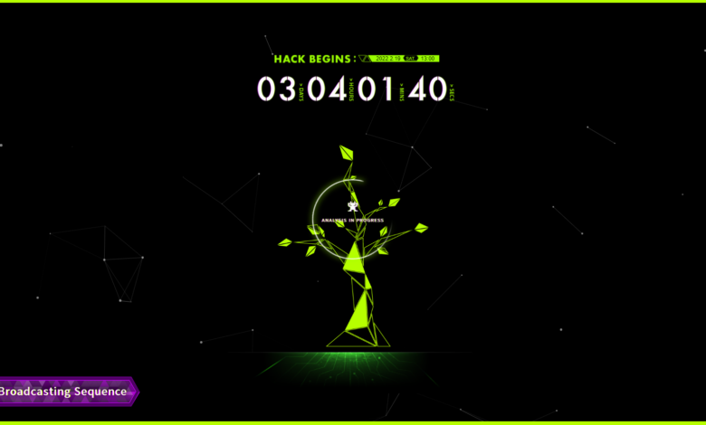 Soul Hackers countdown website with a geometric tree below the timer
