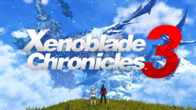 Xenoblade Chronicles 3 logo with Mio and Noah standing beneath