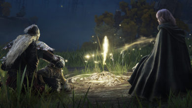 Characters from the Elden Ring IP sitting down before a firepit