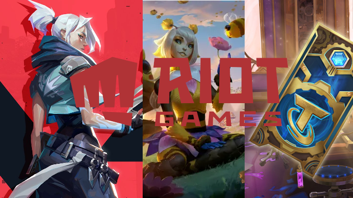 Riot Games logo on top of Jett from Valorant, Orbeeanna, and TFT battle pass