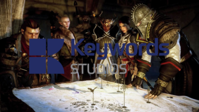 Keyword Studios logo over Dragon Age Inquisition characters