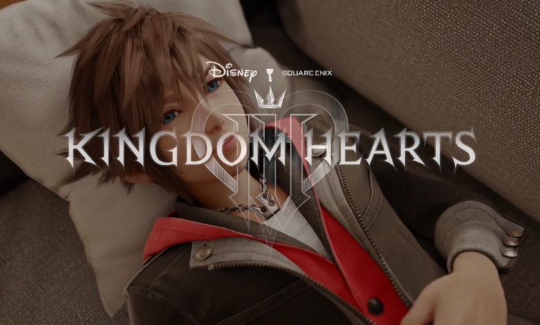 Sora beneath the Kingdom Hearts 4 logo