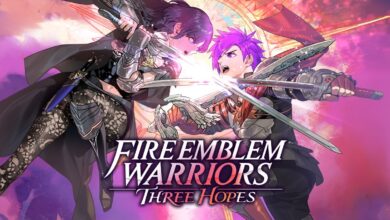 Fire Emblem Warriors: Three Hopes logo with Byleth and Shez battling each other