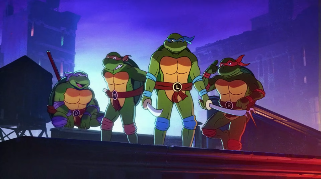 All four Ninja Turtles standing on rooftop in TMNT: Shredder's Revenge.