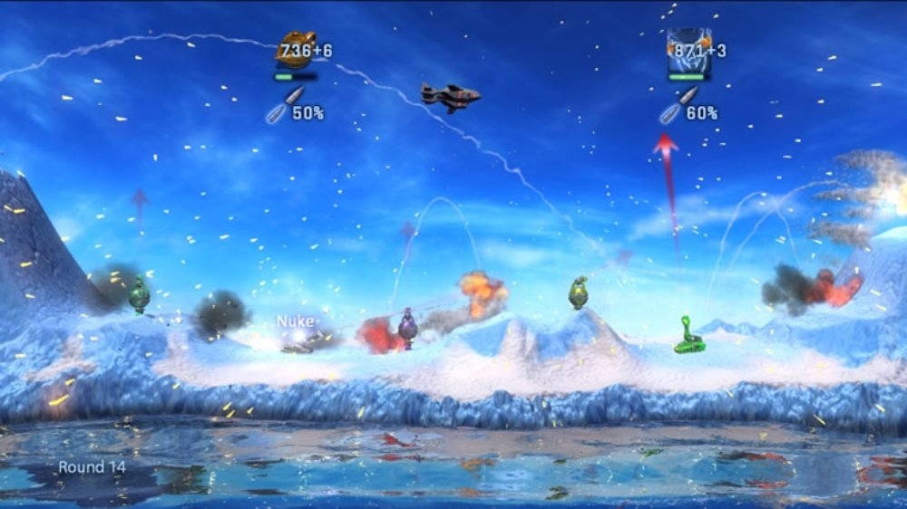 Tanks shooting projectiles at each other against a blue, snow-filled background in Death Tank Zwei.