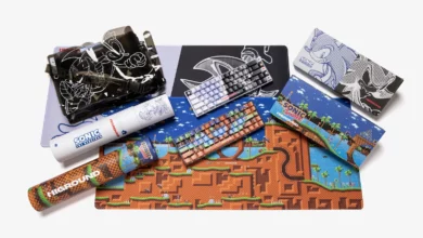 Sonic x Higround collection featuring keyboards, mats, and shirts