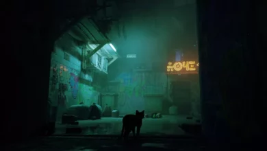 The cat from Stray looking upon an unreadable text