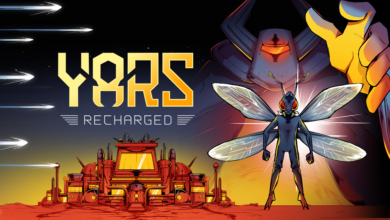 Yars Recharged logo on the left with a bug creature on the right