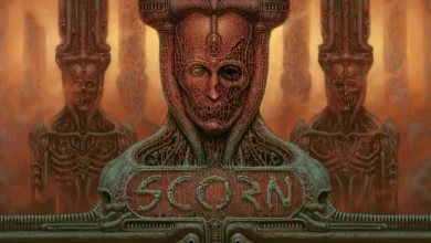 Scorn game banner featuring a decaying human head