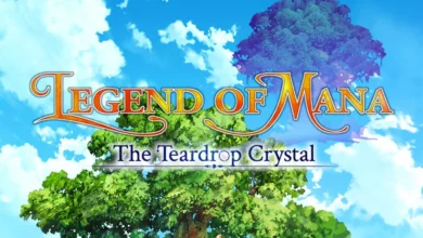 Legend of Mana: The Teardrop Crystal anime logo on top of a tree and blue sky