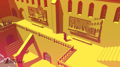 Character in hood running down open hallway with art on the walls.